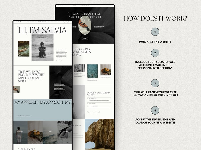 Squarespace Website Template for Health Coach, life coach website, coaching template, wellness coach website, sales page template, VAs, Sofi