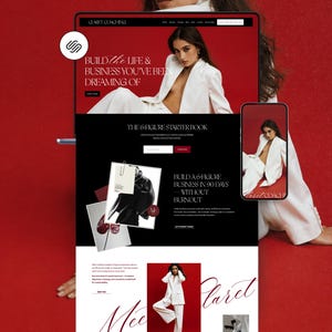 Puede incluir: Una pantalla digital de un sitio web titulado Claret Coaching con fondo rojo, una persona con blazer blanco y texto que incluye Build the Life & Business You've Been Dreaming Of, The 6-Figure Starter Book y Meet Claret.