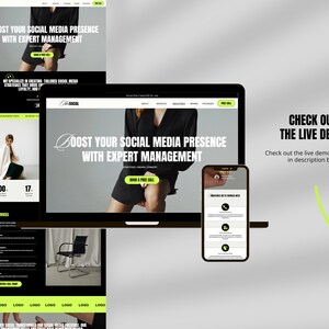 以下が含まれることがあります： 「Boost your social media presence with expert management」というテキストが書かれた白黒のデザインのウェブサイトのスクリーンショットです。ウェブサイトは、ラップトップと携帯電話に表示されています。ウェブサイトには、「Book a Free Call」というテキストの行動喚起ボタンがあります。