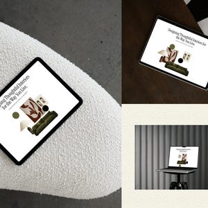 May include: A digital tablet and a laptop displaying a white screen with the text Designing Thoughtful Interiors for the Way You Live, featuring graphic illustrations of a green sofa, a lamp, a circular accent, and framed wall art.