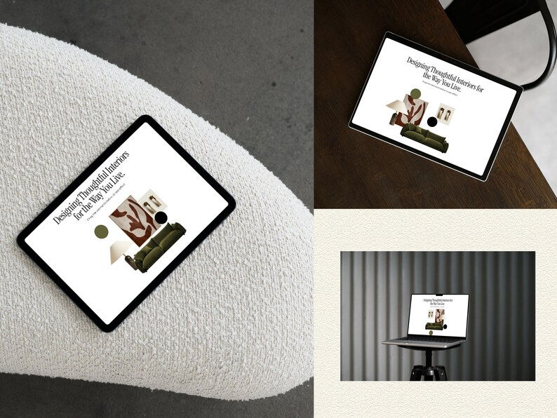 May include: A digital tablet and a laptop displaying a white screen with the text Designing Thoughtful Interiors for the Way You Live, featuring graphic illustrations of a green sofa, a lamp, a circular accent, and framed wall art.