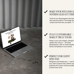 May include: A silver laptop displaying a website design on its screen, positioned next to text that reads: MAKE YOUR SITE LOOK LIKE NOTHING ELSE OUT THERE, FULLY CUSTOMISABLE &mdash; MAKE IT TRULY YOURS, and PERFECT FOR CLIENT SITES TOO, with checkmarks.