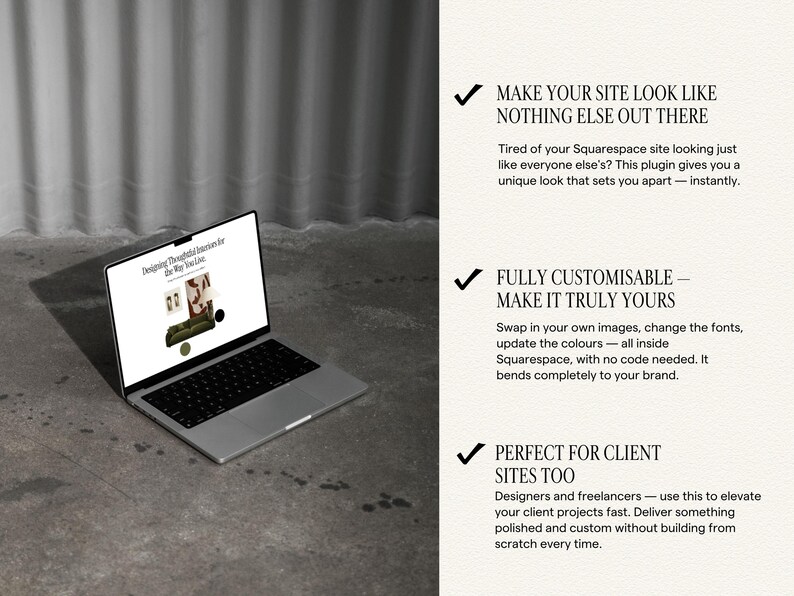 May include: A silver laptop displaying a website design on its screen, positioned next to text that reads: MAKE YOUR SITE LOOK LIKE NOTHING ELSE OUT THERE, FULLY CUSTOMISABLE &mdash; MAKE IT TRULY YOURS, and PERFECT FOR CLIENT SITES TOO, with checkmarks.
