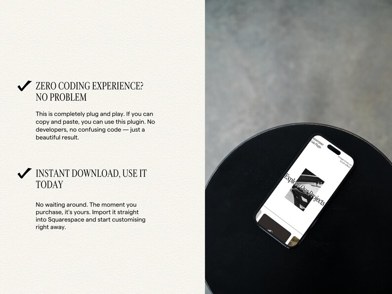 Pu&ograve; includere: Uno smartphone che mostra un'interfaccia web con il testo Explore Our Projects, accanto a un testo che recita ZERO CODING EXPERIENCE? NO PROBLEM e INSTANT DOWNLOAD, USE IT TODAY, descrivendo un plugin software pronto all'uso.
