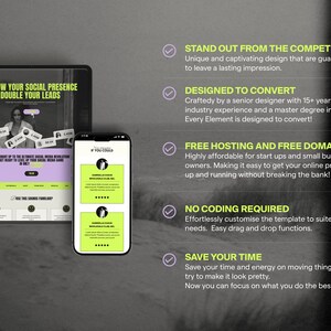 Op de afbeelding: Een website-mockup op een tablet en telefoon die een website-sjabloon voor social media marketing laat zien. De website-sjabloon is paars en groen met de tekst "Grow Your Social Presence Double Your Leads". De tekst "#You Could" staat op het telefoonscherm. De website-sjabloon heeft een call-to-action-knop met de tekst "Learn More".