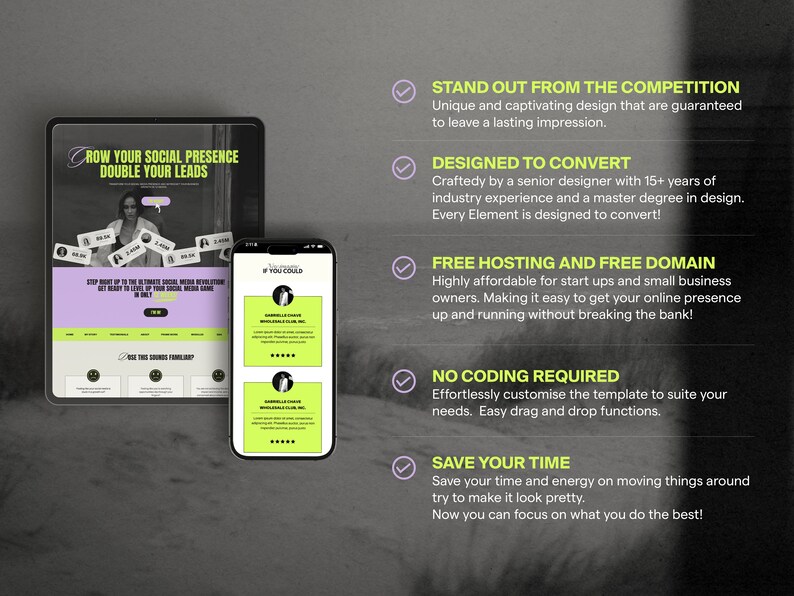 Op de afbeelding: Een website-mockup op een tablet en telefoon die een website-sjabloon voor social media marketing laat zien. De website-sjabloon is paars en groen met de tekst "Grow Your Social Presence Double Your Leads". De tekst "#You Could" staat op het telefoonscherm. De website-sjabloon heeft een call-to-action-knop met de tekst "Learn More".