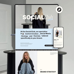 May include: A digital display and smartphone showing the "Social Club" website, which offers content creation, social media strategy, and paid ads. The screen displays a woman. The smartphone shows a similar design.