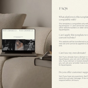 May include: A laptop computer displaying a website with the text "WHY CHOOSE US" on the screen. The website features images of a bride and a wedding photographer. The laptop is sitting on a light brown couch. The text "FAQS" is visible on the right side of the image. The text below the FAQs heading asks "What platform is this template compatible with?" and provides an answer. The text below that asks "Can I apply this template to my current website?" and provides an answer. The text below that asks "Can I use my own domain?" and provides an answer. The text below that asks "Do you offer customer support?" and provides an answer.