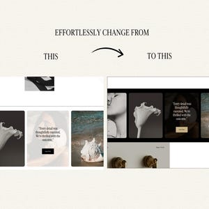 Pu&ograve; includere: Un grafico di confronto digitale che mostra due layout di siti web etichettati come THIS e TO THIS. Il lato sinistro mostra tre immagini rettangolari di un fiore, testo e una conchiglia. Il lato destro mostra un layout revisionato con quattro immagini.