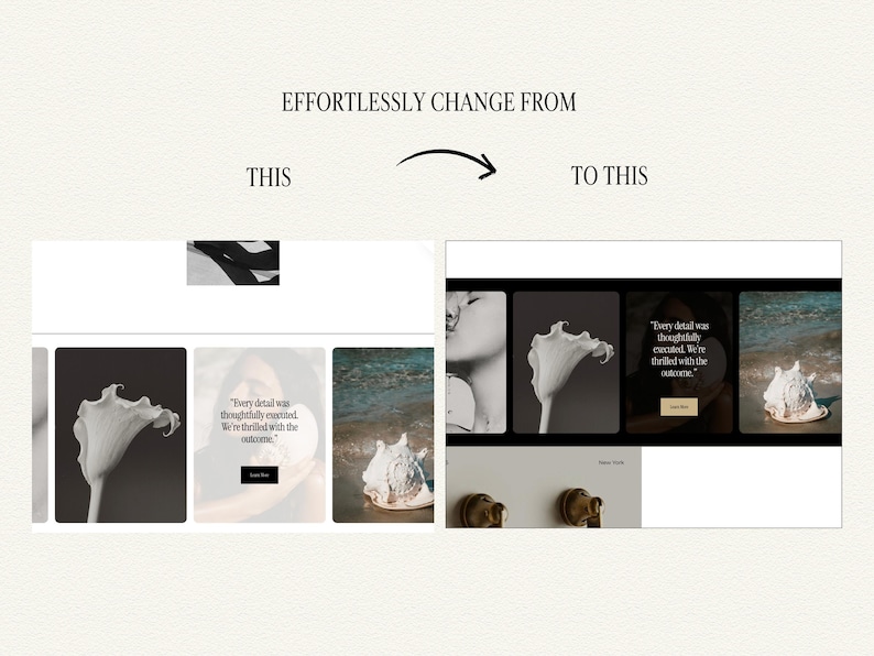 Pu&ograve; includere: Un grafico di confronto digitale che mostra due layout di siti web etichettati come THIS e TO THIS. Il lato sinistro mostra tre immagini rettangolari di un fiore, testo e una conchiglia. Il lato destro mostra un layout revisionato con quattro immagini.