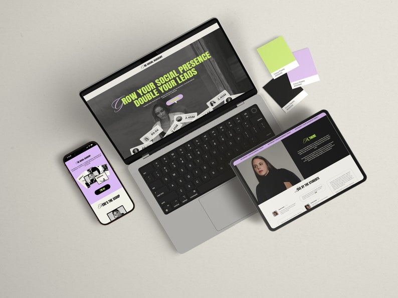 Op de afbeelding: Een laptop, tablet en smartphone die een website weergeven met de tekst "Groei je sociale aanwezigheid Verdubbel je leads" en een foto van een vrouw. De website is voor een social media marketingcursus.