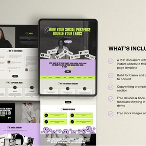 Op de afbeelding: Een landingspagina voor een digitale marketingcursus met een paars en groen kleurenschema. De pagina bevat een foto van een vrouw, testimonials en een call-to-action om "Je sociale aanwezigheid te vergroten, je leads te verdubbelen". De pagina bevat ook een lijst met wat er in de cursus is inbegrepen, zoals een PDF-document, Canva-sjablonen, copywriting-prompts, gratis apparaten en mockups, en gratis stockfoto's en lettertypen.