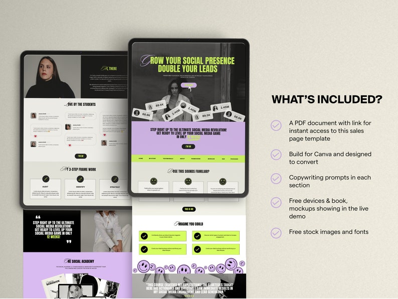 Op de afbeelding: Een landingspagina voor een digitale marketingcursus met een paars en groen kleurenschema. De pagina bevat een foto van een vrouw, testimonials en een call-to-action om "Je sociale aanwezigheid te vergroten, je leads te verdubbelen". De pagina bevat ook een lijst met wat er in de cursus is inbegrepen, zoals een PDF-document, Canva-sjablonen, copywriting-prompts, gratis apparaten en mockups, en gratis stockfoto's en lettertypen.