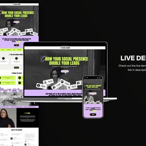 Op de afbeelding: Een schermafbeelding van een website waarop een vrouw te zien is met een zwart-witte achtergrond. De tekst op de website luidt "Groei je sociale aanwezigheid Verdubbel je leads". De website is voor een social media marketingcursus.