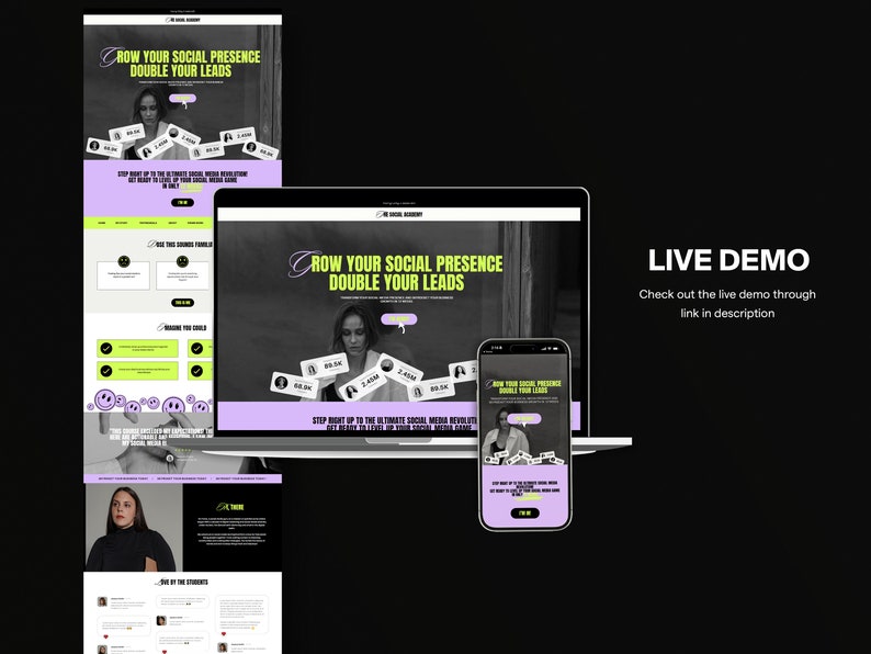 Op de afbeelding: Een schermafbeelding van een website waarop een vrouw te zien is met een zwart-witte achtergrond. De tekst op de website luidt "Groei je sociale aanwezigheid Verdubbel je leads". De website is voor een social media marketingcursus.