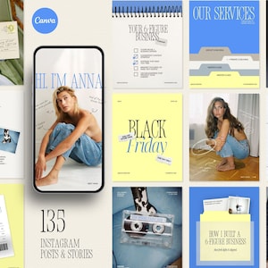 May include: A selection of Instagram posts and stories, including a phone mockup with the text "Hi, I'm Anna", and a "Black Friday" promotion. Other posts include "Our Services", "My Story", and "Join the Club". The image also features a notebook with the text "Your 6-Figure Business".