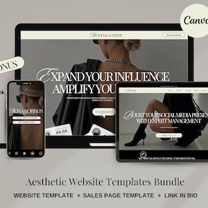 May include: A mockup of a website template for a social media management business. The website features a black and white color scheme with a photo of a woman wearing a black leather jacket. The text on the website reads "Expand Your Influence, Amplify You" and "Boost Your Social Media Presence with Expert Management".