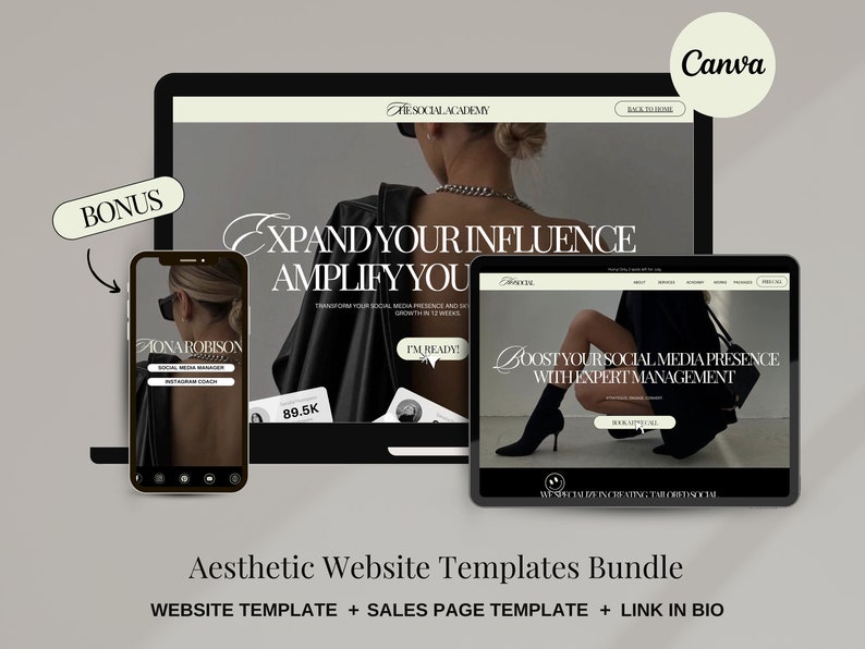 Aesthetic Canva Website Template Bundle for Virtual Assistant, Social Media Manager, sales funnel, portfolio website, One Page Website