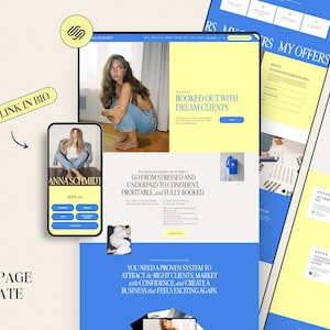 May include: A digital sales page template in blue and yellow. The design includes a website layout, a smartphone mockup, and the text "BONUS LINK IN BIO". The website features the text "BOOKED OUT WITH DREAM CLIENTS".
