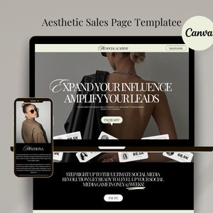 Puede incluir: Una plantilla de diseño de página web en blanco y negro para un curso de redes sociales. La plantilla presenta a una mujer con una chaqueta de cuero negra y el texto "Expande tu influencia Amplía tus clientes potenciales".
