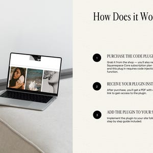 Pu&ograve; includere: Un computer portatile argentato mostra un sito web con tre immagini di conchiglie sullo schermo. A destra, il testo recita: How Does It Work? 1. PURCHASE THE CODE PLUGIN. 2. RECEIVE YOUR PLUGIN INSTANTLY. 3. ADD THE PLUGIN TO YOUR SITE con istruzioni.