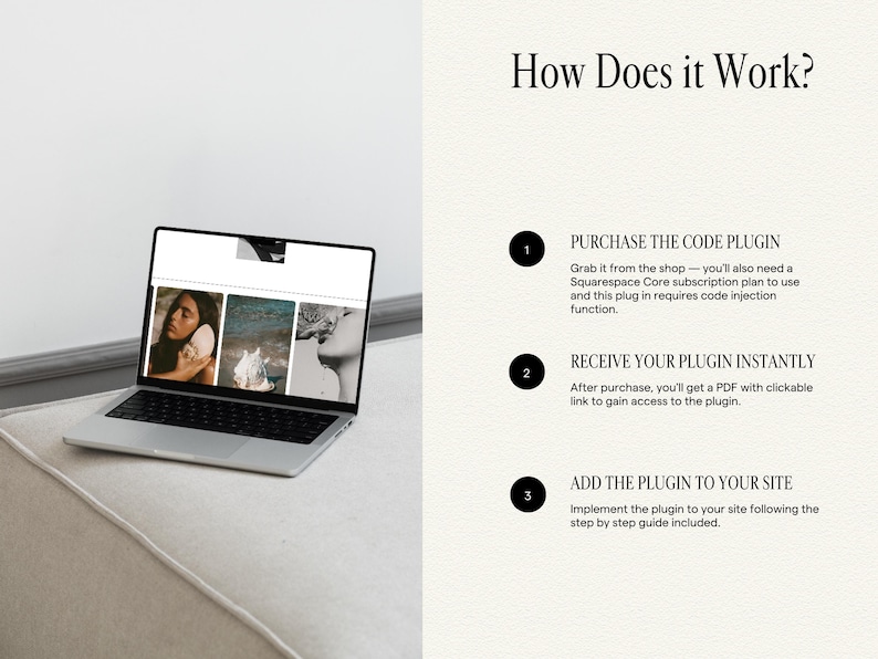 Pu&ograve; includere: Un computer portatile argentato mostra un sito web con tre immagini di conchiglie sullo schermo. A destra, il testo recita: How Does It Work? 1. PURCHASE THE CODE PLUGIN. 2. RECEIVE YOUR PLUGIN INSTANTLY. 3. ADD THE PLUGIN TO YOUR SITE con istruzioni.