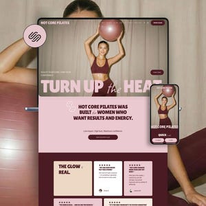 Puede incluir: Un ordenador portátil y un teléfono inteligente muestran un sitio web de Hot Core Pilates. La pantalla presenta un esquema de color granate, el texto "Turn Up the Heat" e imágenes de una persona sosteniendo un balón de ejercicio. Incluye testimonios.