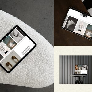 Pu&ograve; includere: Un tablet e un computer portatile mostrano un sito web con una disposizione a griglia di immagini e testo. Gli schermi presentano varie fotografie, tra cui un fiore bianco, una conchiglia e ferramenta dorata, insieme a blocchi di testo nell'interfaccia.