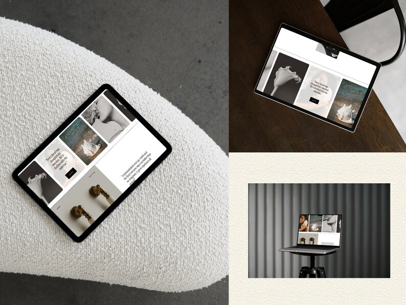 Pu&ograve; includere: Un tablet e un computer portatile mostrano un sito web con una disposizione a griglia di immagini e testo. Gli schermi presentano varie fotografie, tra cui un fiore bianco, una conchiglia e ferramenta dorata, insieme a blocchi di testo nell'interfaccia.