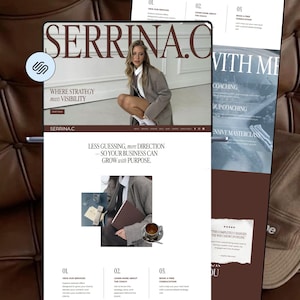 Könnte beinhalten: Ein Website-Design mit dem Text "SERRINA.C" und dem Slogan "WHERE STRATEGY meets VISIBILITY." Das Design enthält Bilder einer Person und Text, der lautet: "LESS GUESSING, MORE DIRECTION - SO YOUR BUSINESS CAN GROW with PURPOSE."