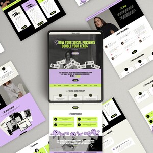 Op de afbeelding: Een website-landingspagina voor een social media marketingcursus. De pagina toont een vrouw in een zwarte turtleneck op een paarse achtergrond. De tekst op de pagina luidt "Groei je sociale aanwezigheid Verdubbel je leads".