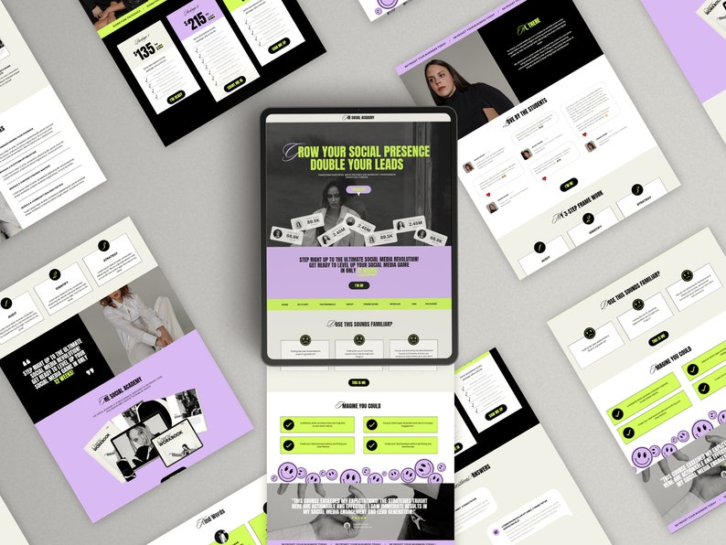 Op de afbeelding: Een website-landingspagina voor een social media marketingcursus. De pagina toont een vrouw in een zwarte turtleneck op een paarse achtergrond. De tekst op de pagina luidt "Groei je sociale aanwezigheid Verdubbel je leads".