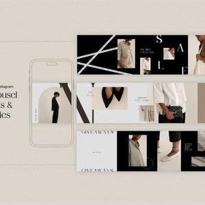 Könnte beinhalten: Ein Satz Instagram-Karussell-Beiträge mit minimalistischer Ästhetik mit Schwarzweiß-Grafiken, Textüberlagerungen und Produktbildern. Der Text enthält "GIVEAWAYS", "THE ARIA COLLECTION", "SALE" und "20% OFF".