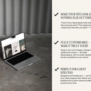 Pu&ograve; includere: Un computer portatile argentato mostra un sito web con tre pannelli di immagini. Il testo a destra recita: MAKE YOUR SITE LOOK LIKE NOTHING ELSE OUT THERE, FULLY CUSTOMISABLE - MAKE IT TRULY YOURS e PERFECT FOR CLIENT SITES TOO.