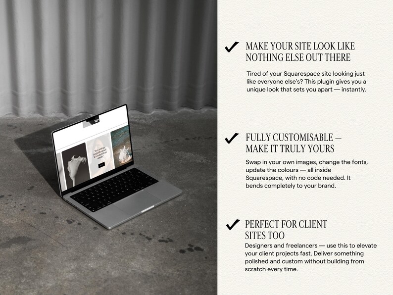 Pu&ograve; includere: Un computer portatile argentato mostra un sito web con tre pannelli di immagini. Il testo a destra recita: MAKE YOUR SITE LOOK LIKE NOTHING ELSE OUT THERE, FULLY CUSTOMISABLE - MAKE IT TRULY YOURS e PERFECT FOR CLIENT SITES TOO.