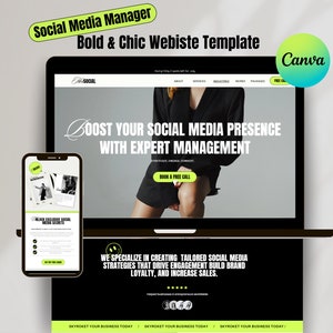 Può includere: Lo schermo di un computer portatile mostra un sito web per un'azienda di gestione dei social media. Il sito web ha uno sfondo nero con testo verde e una foto di una donna che indossa un abito nero. Il testo sul sito web recita "Aumenta la tua presenza sui social media con una gestione esperta." e "Siamo specializzati nella creazione di strategie di social media su misura che guidano l'impegno, costruiscono la fedeltà al marchio e aumentano le vendite."