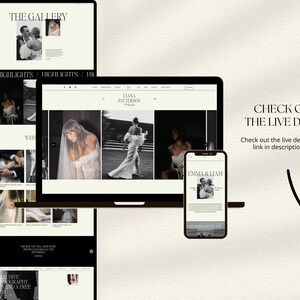 May include: A laptop computer displaying a website for a wedding photographer. The website features a gallery of wedding photos and a call to action to check out the live demo. The website is titled "Ciana Patterson Photography".