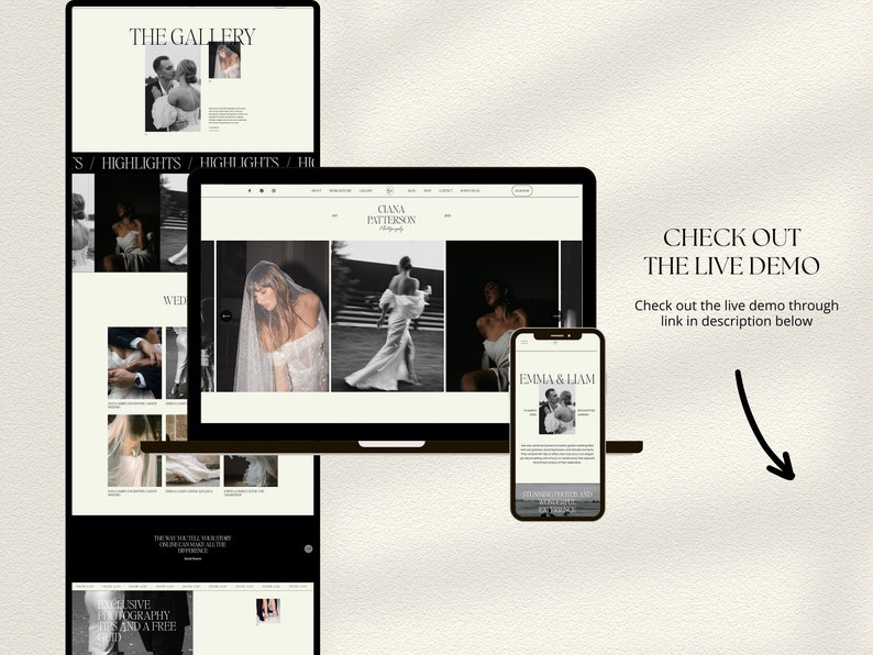 May include: A laptop computer displaying a website for a wedding photographer. The website features a gallery of wedding photos and a call to action to check out the live demo. The website is titled "Ciana Patterson Photography".