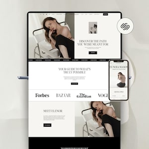 May include: A website and mobile app mockup showcasing a woman in black attire. The website displays the text "DISCOVER THE PATH YOU WERE MEANT FOR" and "YOUR GUIDE TO WHAT'S TRULY POSSIBLE". Logos for Forbes, Bazaar, The Guardian, and Vogue are also visible.