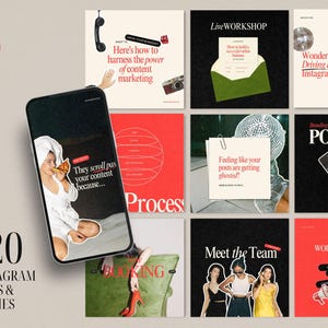 Può includere: Un collage di nove modelli di post di Instagram con sfondi rosso, nero e verde. I modelli presentano testo come "Ecco come sfruttare il potere del marketing dei contenuti", "Processo", "Incontra il team", "Podcast di Branding 101" e "Lavora con me".