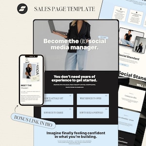 May include: A digital sales page template with a black and white design. The template includes a laptop, tablet, and smartphone mockup. Text includes "Become the (it) social media manager" and "Bonus link in bio."