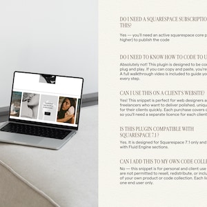 Pu&ograve; includere: Un portatile color argento mostra una galleria di siti web sullo schermo, posizionato accanto a un elenco di FAQ riguardanti un plugin Squarespace. Il testo include domande sui requisiti di abbonamento, programmazione e licenze.