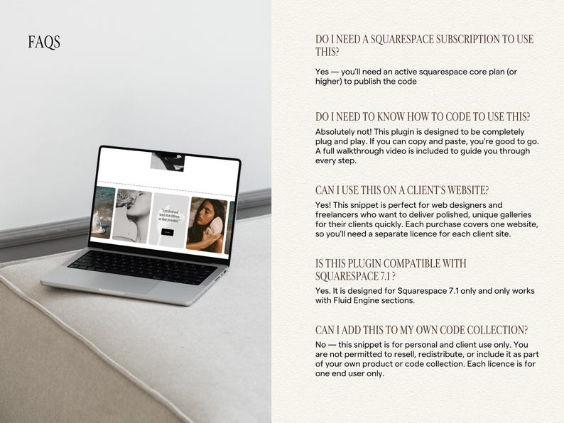 Pu&ograve; includere: Un portatile color argento mostra una galleria di siti web sullo schermo, posizionato accanto a un elenco di FAQ riguardanti un plugin Squarespace. Il testo include domande sui requisiti di abbonamento, programmazione e licenze.