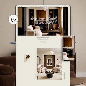 Könnte beinhalten: Ein digitaler Bildschirm zeigt eine Website mit dem Titel Maison Interior und dem Text Your Home Should Tell your Story. Der Bildschirm zeigt Innenaufnahmen eines Wohnzimmers mit Sofa, Sesseln und einem Couchtisch sowie ein Smartphone.