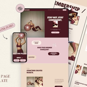 Op de afbeelding: Een sjabloon voor een verkooppagina met een bordeauxrood en roze kleurenschema. Het ontwerp omvat een telefoon en een tablet met het merk "Hot Core Pilates". De tekst "Stay Hot. Stay Consistent" is zichtbaar. De afbeelding bevat ook de tekst "Bonus Link in Bio."