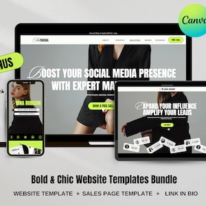 Może przedstawiać: Projekt makiety strony internetowej dla firmy zajmującej się marketingiem w mediach społecznościowych. Strona internetowa ma czarno-białą kolorystykę z pogrubionym nagłówkiem, który brzmi: „Zwiększ swoją obecność w mediach społecznościowych dzięki marketingowi eksperckiemu”. Strona internetowa zawiera również przycisk wezwania do działania z napisem „Umów się na bezpłatną rozmowę”.