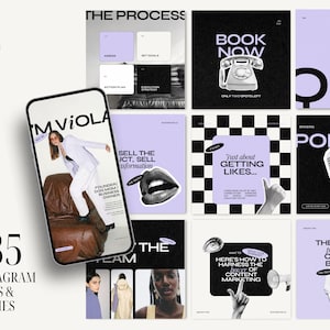 May include: A digital marketing graphic with a phone, lips, and a microphone. The image includes a smartphone displaying a woman in a white suit. Text includes "135 Instagram Posts & Stories", "Book Now", and "Just about getting likes..."
