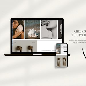 Pu&ograve; includere: Un computer portatile e uno smartphone mostrano un sito web con immagini di conchiglie e ferramenta in ottone. Lo schermo mostra il testo CHECK OUT THE LIVE DEMO e una freccia nera che punta verso il basso verso il link nella descrizione.