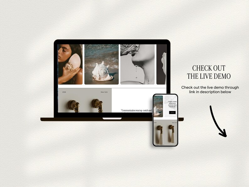 Pu&ograve; includere: Un computer portatile e uno smartphone mostrano un sito web con immagini di conchiglie e ferramenta in ottone. Lo schermo mostra il testo CHECK OUT THE LIVE DEMO e una freccia nera che punta verso il basso verso il link nella descrizione.