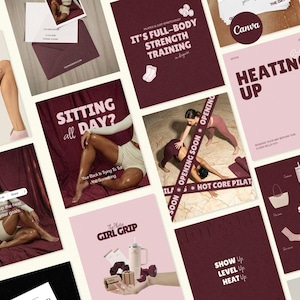 Op de afbeelding: Een verzameling social media graphics met een pilates-thema in een kleurenpalet van diep bordeauxrood en zachtroze. De afbeeldingen bevatten tekstoverlays, sportkleding, fitnessapparatuur en lifestyle-fotografie voor een pilatesstudio.
